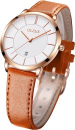 OLEVS Women's Watches for Ladies Female Wrist Watch Leather Band Waterproof Thin Minimalist Casual Simple Dress Quartz Analog with Date Calendar